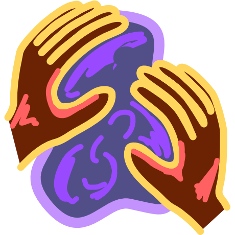 Two brown hands with yellow line art mold an amorphous purple shape. The image has light line art.